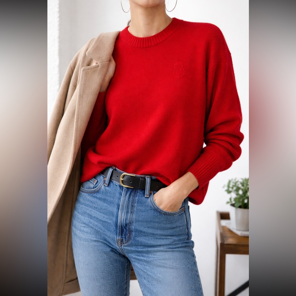Goelia Red Wool Sweater Crewneck Long Sleeve Soft Knit Minimalist Size M